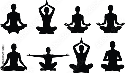 Meditation yoga silhouette poses, mindfulness sitting positions, relaxation exercise illustration, spiritual practice vector, wellness lifestyle, calm body balance, inner peace training