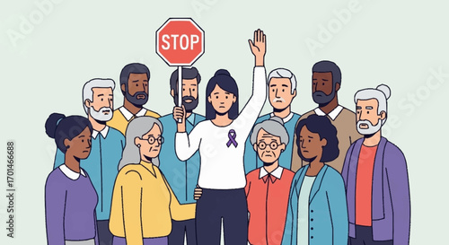 A diverse group of people led by a woman with a stop sign, united in a demonstration against violence and social injustice