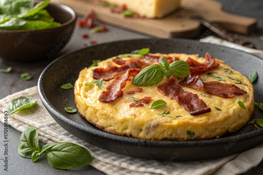 A close-up shot of a delicious frittata topped with crispy bacon and fresh basil leaves on a plate. A close-up shot of a delicious frittata topped with crispy bacon and fresh basil leaves on a plate.