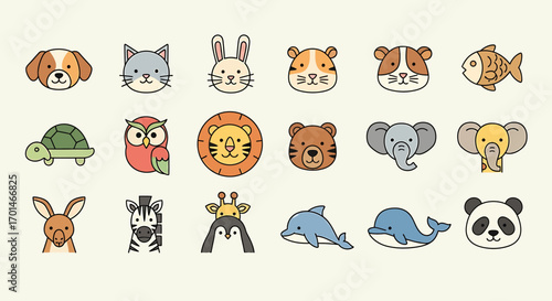 Collection of cute animal faces, including dog, cat, rabbit, hamster, fish, turtle, owl, lion, bear, elephant, zebra, giraffe, dolphin, panda, and other adorable creatures