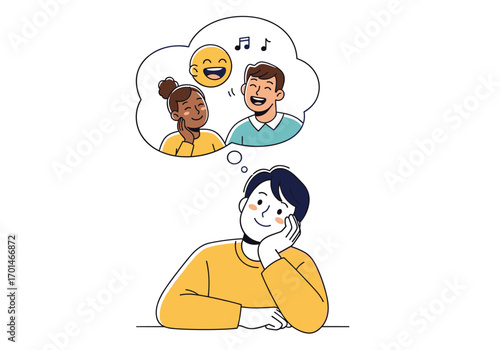 A young boy dreams of happy friends laughing and singing together in a thought bubble