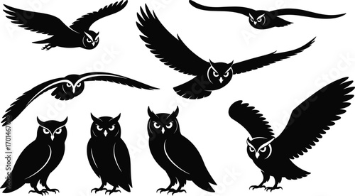 Owl silhouettes collection, flying owl vector, nocturnal bird design, wildlife illustration, hunting owl artwork, dark night predator symbol