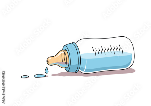Baby bottle tipped over with milk spilling onto a white background