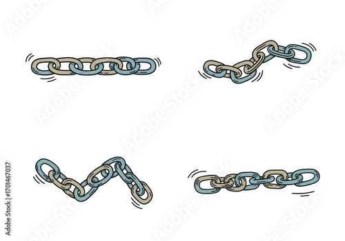 Four different chain link arrangements showing movement and flexibility in various positions