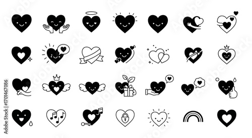 A charming assortment of heart icons, each expressing a unique emotion and design, perfect for valentines day, lovethemed projects, and adding a touch of affection to any creative work