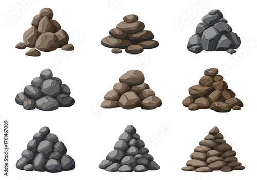 Collection of nine piles of various rocks and stones for game asset design