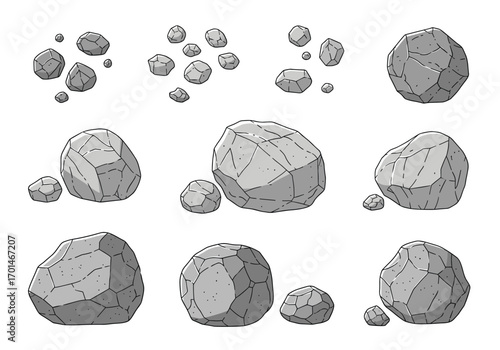 Collection of grey stones and pebbles of various sizes and shapes on a white background