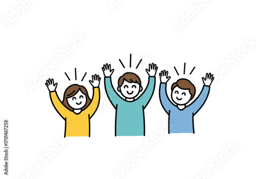 Three happy people with raised hands celebrating a victory or success together