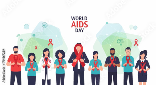 Global solidarity and community support for HIV prevention and awareness campaign with diverse people and red ribbons