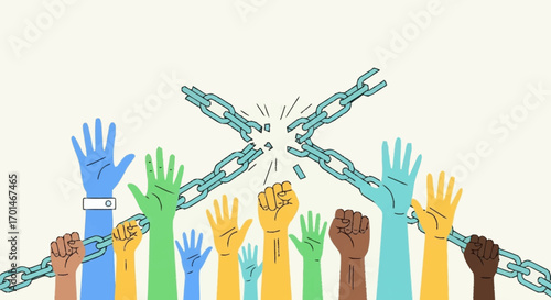 Multicultural hands breaking chains together, a powerful symbol of freedom, unity, and the fight against oppression