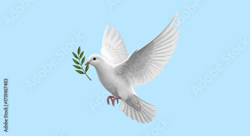 A beautiful white dove, a universal symbol of peace and hope, soars gracefully through a serene blue sky while carrying a green olive branch in its beak
