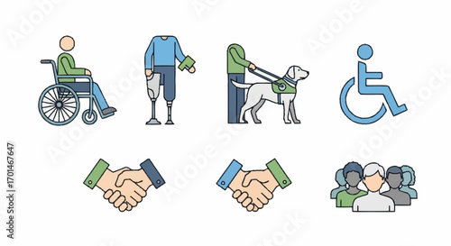 Inclusive Community and Disability Support Icon Set. Vector illustrations of accessibility, diversity, and equality concepts