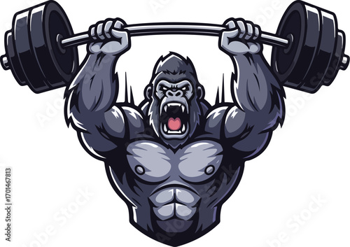 Strong Gorilla Mascot Lifting Weights Sports Logo Vector Illustration

