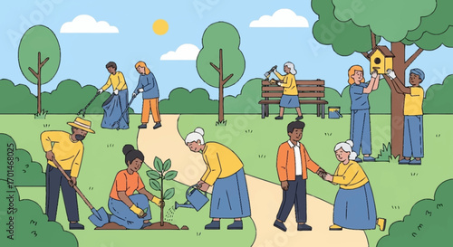 “Flat Vector Illustration of People Volunteering and Helping Each Other – Volunteer Day”