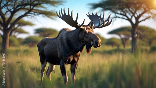 Majestic bull moose standing proudly in a lush green savanna environment with sunlight