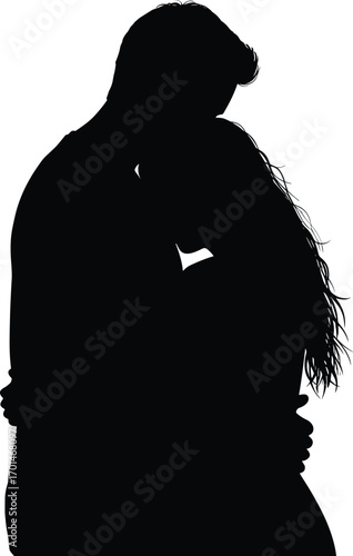 Silhouette of loving couple embracing closely, romantic moment with woman resting head on man’s chest, intimate, affectionate, emotional connection, love and support