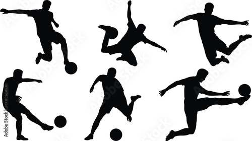 Soccer player silhouette, football action vector, athlete kicking ball, sports illustration, game motion design, dynamic training art, competition graphic, fitness icon
