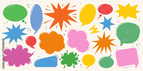 Collection of colorful comic book style speech bubbles and starbursts on a cream background