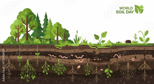 Vector illustration of a soil profile cross-section, displaying a rich underground ecosystem with plant roots, earthworms, and trees
