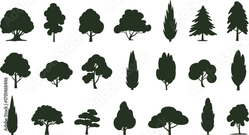 Tree silhouettes, forest elements, nature icons, green ecology design, botanical shapes, woodland clipart, landscape decoration, environment symbols, foliage art