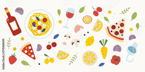 A delightful assortment of italian food and ingredients including pasta pizza wine and fresh produce