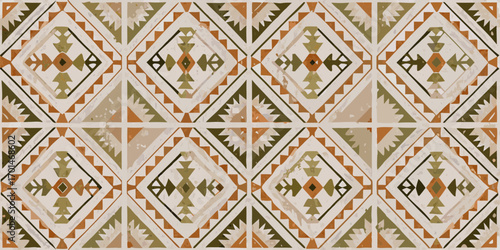 Geometric tribal pattern with earthy tones and a rustic distressed texture