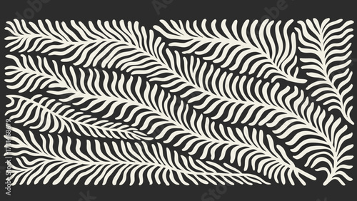 Abstract organic pattern of flowing cream colored fern leaves against a dark charcoal background