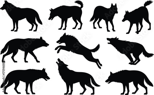 Wolf silhouettes collection, wild animal vector, howling wolf illustration, predator outline artwork, wildlife graphic design, hunting pose, canine shadow drawing