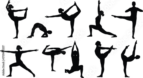 Yoga silhouette poses, meditation exercise illustration, fitness woman stretching vector, healthy lifestyle design, flexibility balance practice, workout body training shapes