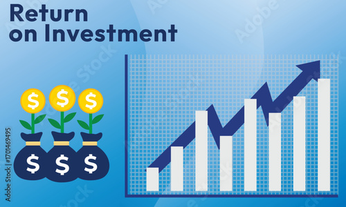 Return on investment ROI concept. business growth arrows to success. dollar plant coins, graph and money bag. chart increase profit. Finance stretching rising up. banner flat style vector illustration