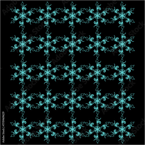 Glowing cyan filaments twist into radiant floral stars, interlinked across a midnight void. Each spiral pulses with flowing symmetry, weaving an endless electric dance.