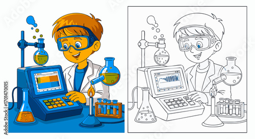 Young scientist in a lab conducting an experiment with equipment and beakers, illustration and coloring page