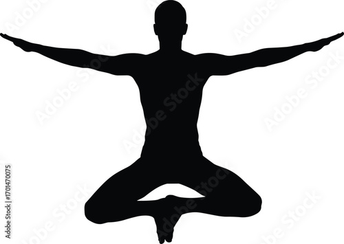 Silhouette of Man in Seated Lotus Yoga Pose with Arms Extended Practicing Meditation, Balance, Peace, Wellness and Inner Strength