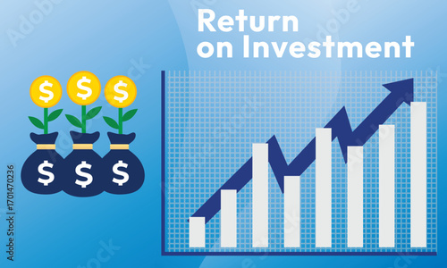 Return on investment ROI concept. business growth arrows to success. dollar plant coins, graph and money bag. chart increase profit. Finance stretching rising up. banner flat style vector illustration