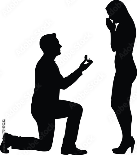 Silhouette of man kneeling and proposing marriage with ring to emotional woman in high heels, romantic love, engagement, surprise proposal