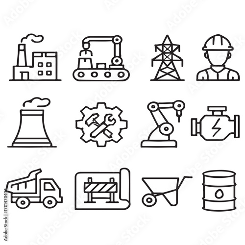Industry line icon set. Featuring production, manufacturing, construction, engineering, industrial, engine vector