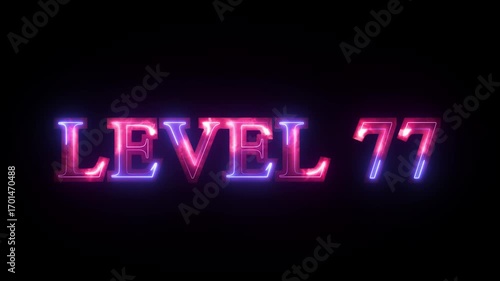 Neon Level 77 text font animation.  Letters spelling out level Up appear screen display animation. Level Up neon sign text animation.