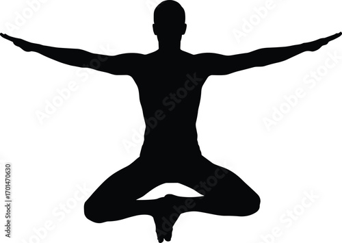 Silhouette of Man Practicing Lotus Yoga Pose with Outstretched Arms for Meditation, Balance, Strength, Flexibility, and Inner Peace