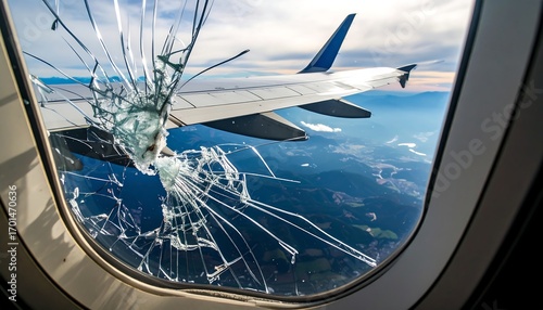 Dramatic view from inside an aircraft with a shattered window, wing visible, overlooking a mountainous landscape