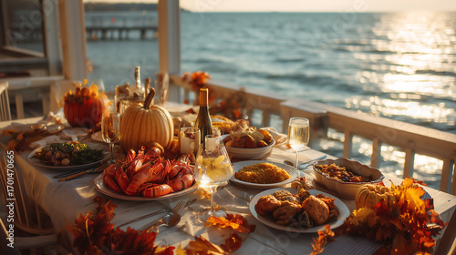 Fototapeta Naklejka Na Ścianę i Meble -  Thanksgiving dinner table by the ocean with seafood and autumn decor
