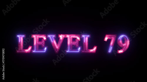 Neon Level 79 text font animation.  Letters spelling out level Up appear screen display animation. Level Up neon sign text animation.