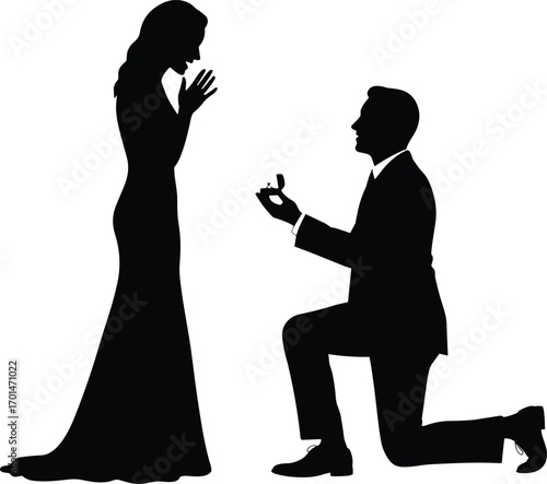 Silhouette of man proposing on one knee to surprised woman in elegant dress, romantic engagement moment, love, marriage proposal, commitment, happiness