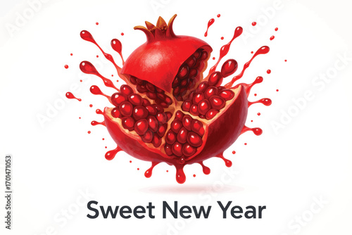 Vector splash design of pomegranate fruit symbolizing abundance and sweetness for New Year, bold dynamic composition with red tones.