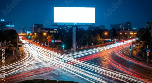 Urban Crossroads Illuminated by Streaks of Car Lights Under a Large Blank Billboard at Night