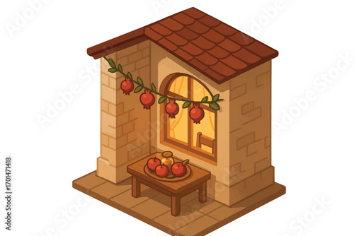 Vector isometric house decorated with pomegranates and festive table for Rosh Hashanah, warm and cozy celebration illustration.