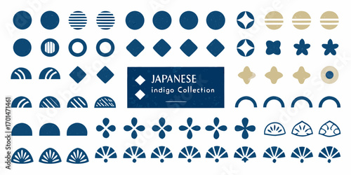 Collection of japanese indigo style decorative shapes and patterns for design projects