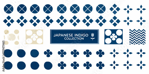 Collection of japanese indigo patterns and motifs in a traditional style