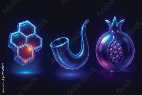Vector neon glowing symbols for Rosh Hashanah including honeycomb, shofar and pomegranate, futuristic design on dark background.