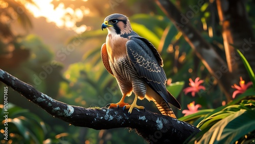 Majestic falcon perched on a branch amidst lush tropical foliage with golden sunlight