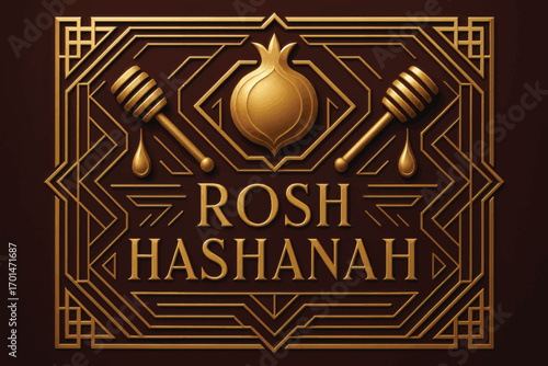 Vector art deco design with pomegranate and honey for Rosh Hashanah, elegant geometric gold frame and stylized typography.